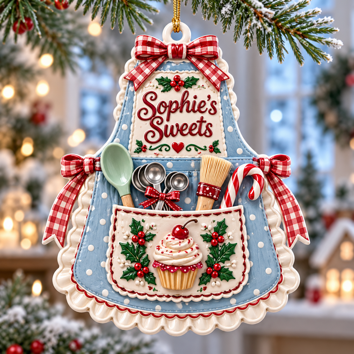Baking Apron Holiday Tree Pendant with Cupcake and Utensils - 3D Relief Ornament