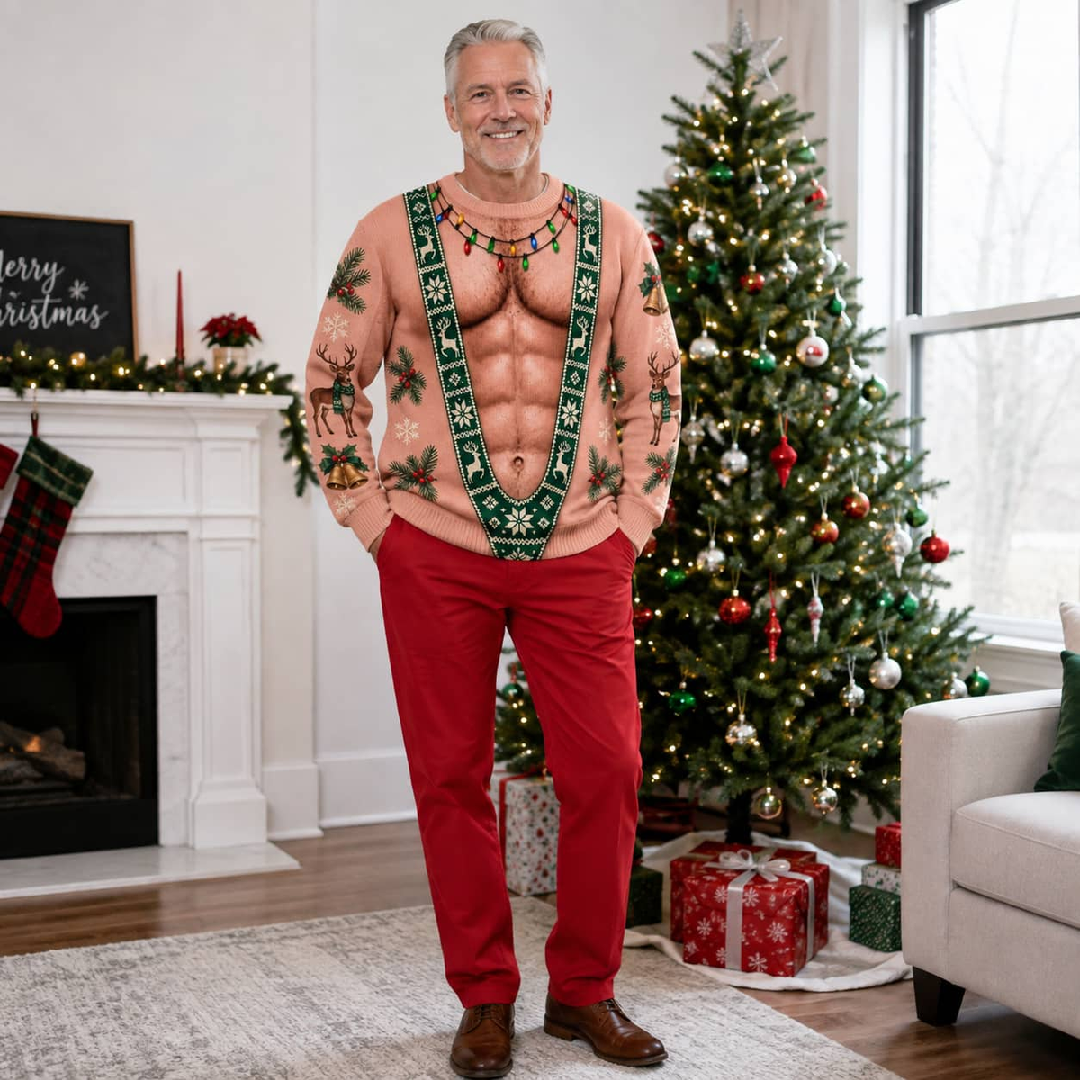 Funny Christmas Sweatshirt Hairy Muscle Chest Graphic Pullover