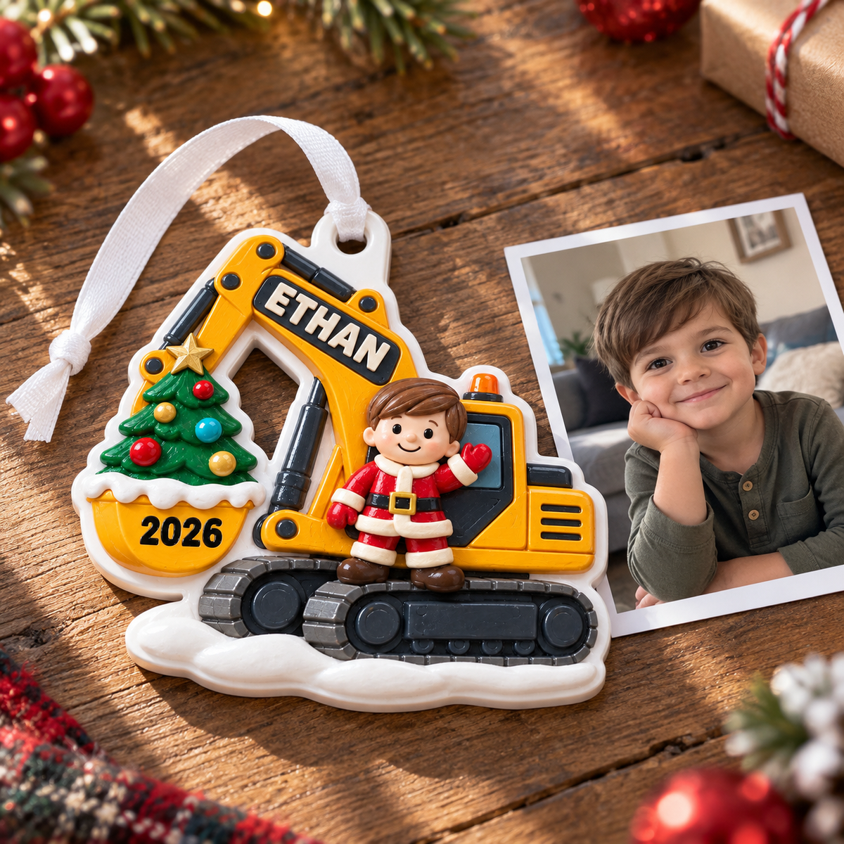 Yellow Excavator Construction Vehicle with Santa Boy and Christmas Tree - 3D Relief Ornament