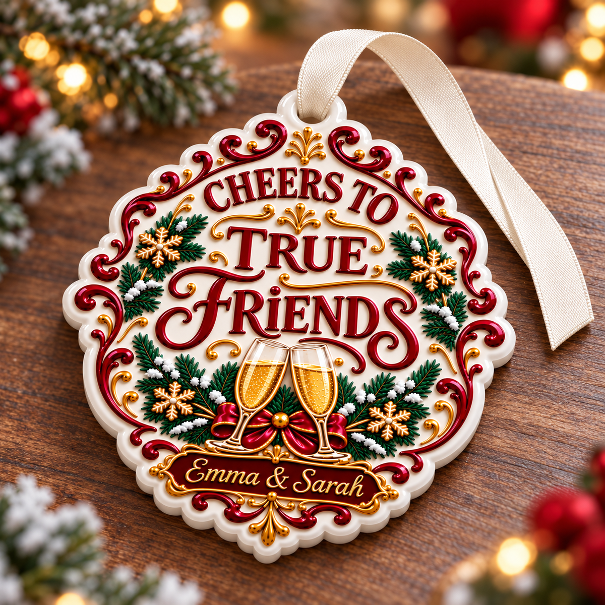 Cheers To True Friends Champagne Flutes Holiday Keepsake - 3D Relief Ornament