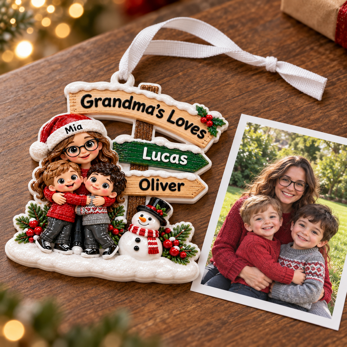 Grandma And Grandkids Directional Sign Winter Holiday Family Keepsake - 3D Relief Ornament