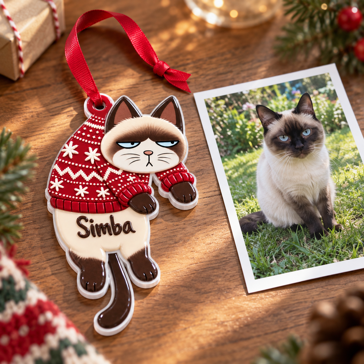 Dangling Seal Point Siamese Cat in Red Snowflake Winter Sweater - 3D Relief Ornament