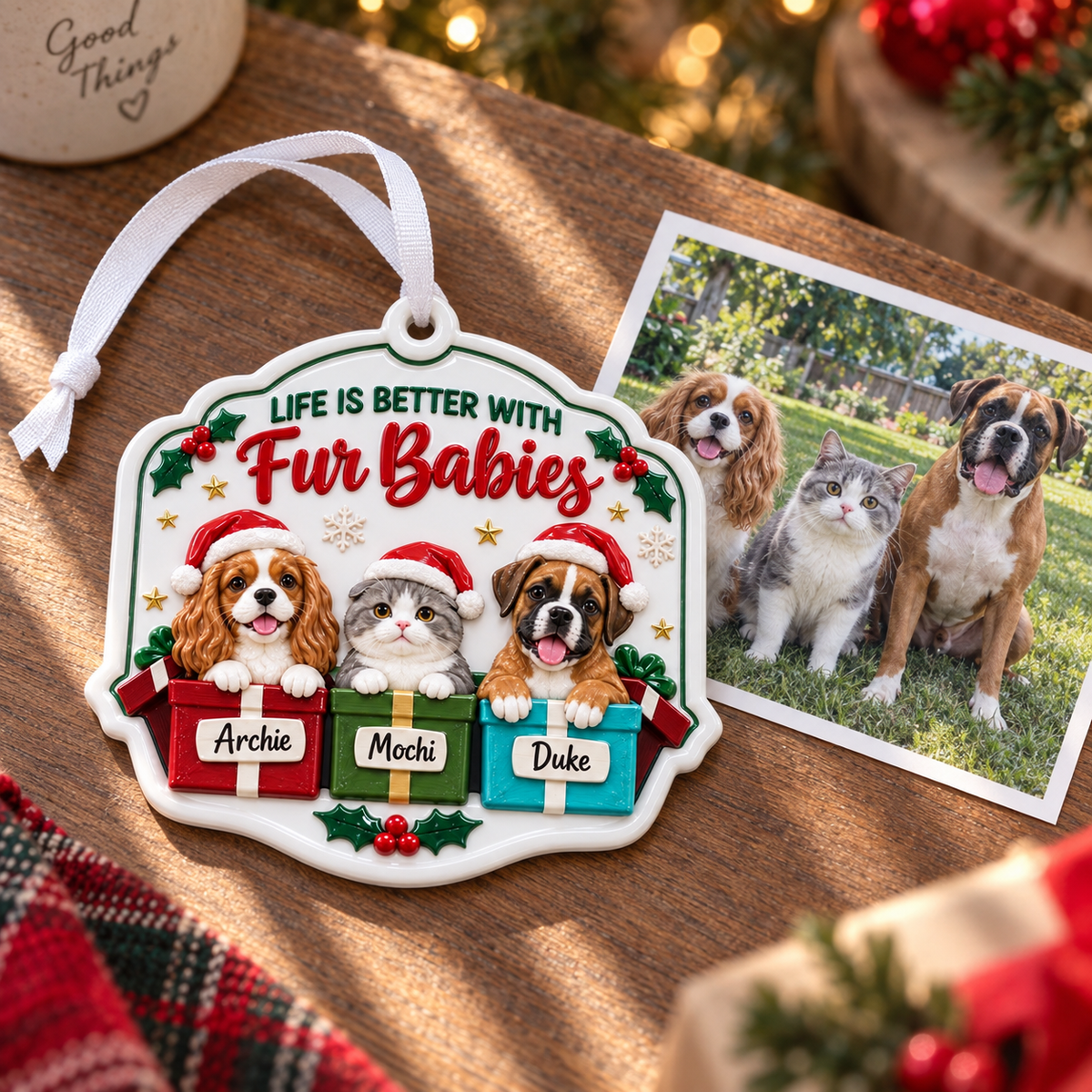 Pet Christmas Tree Hanging Plaque with Dogs, Cat in Santa Hats, Holiday Gift Boxes - 3D Relief Ornament