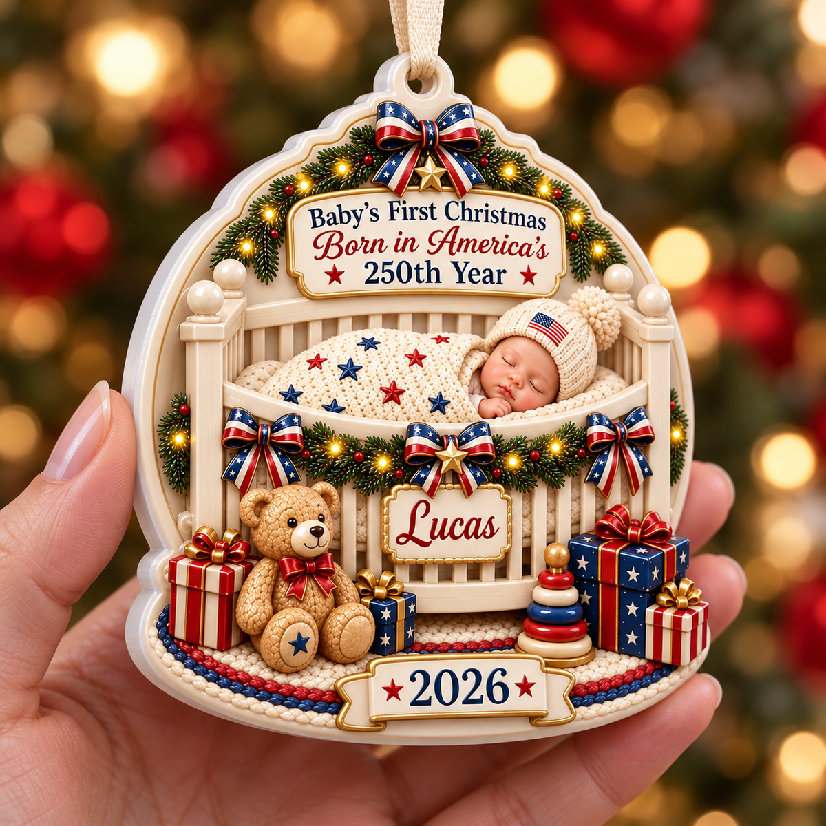 Baby's First Christmas Born in America's 250th Year Patriotic Crib Scene - 3D Relief Ornament