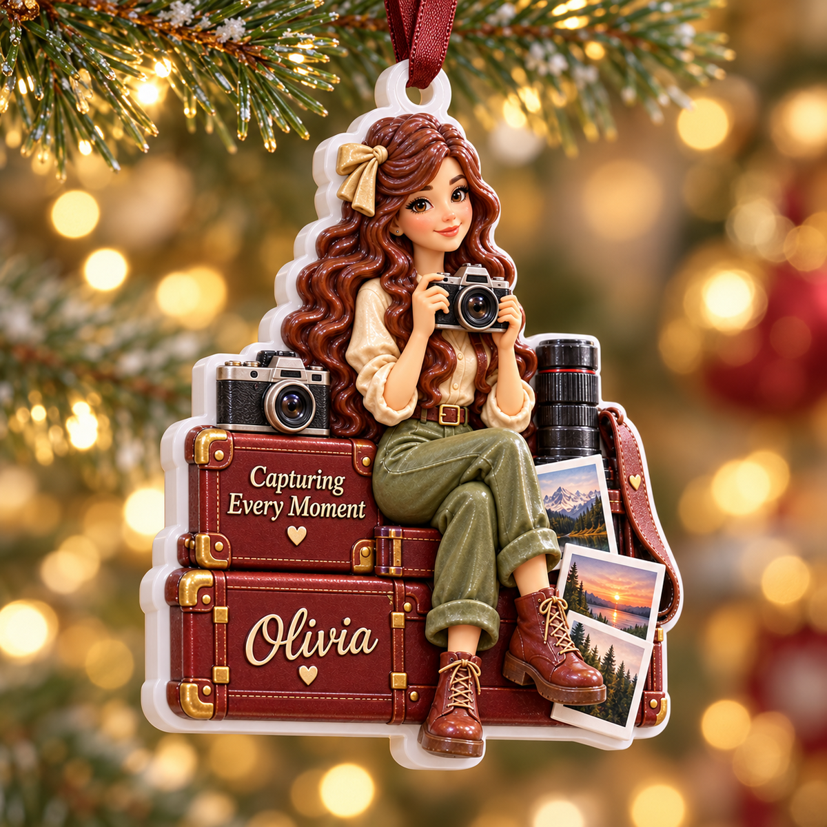 Travel Girl Photographer with Vintage Luggage Acrylic Christmas Hanging Keepsake - 3D Relief Ornament