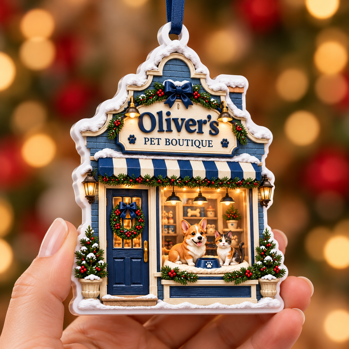 Christmas Pet Boutique Storefront Hanging Holiday Keepsake - 3D Relief Ornament