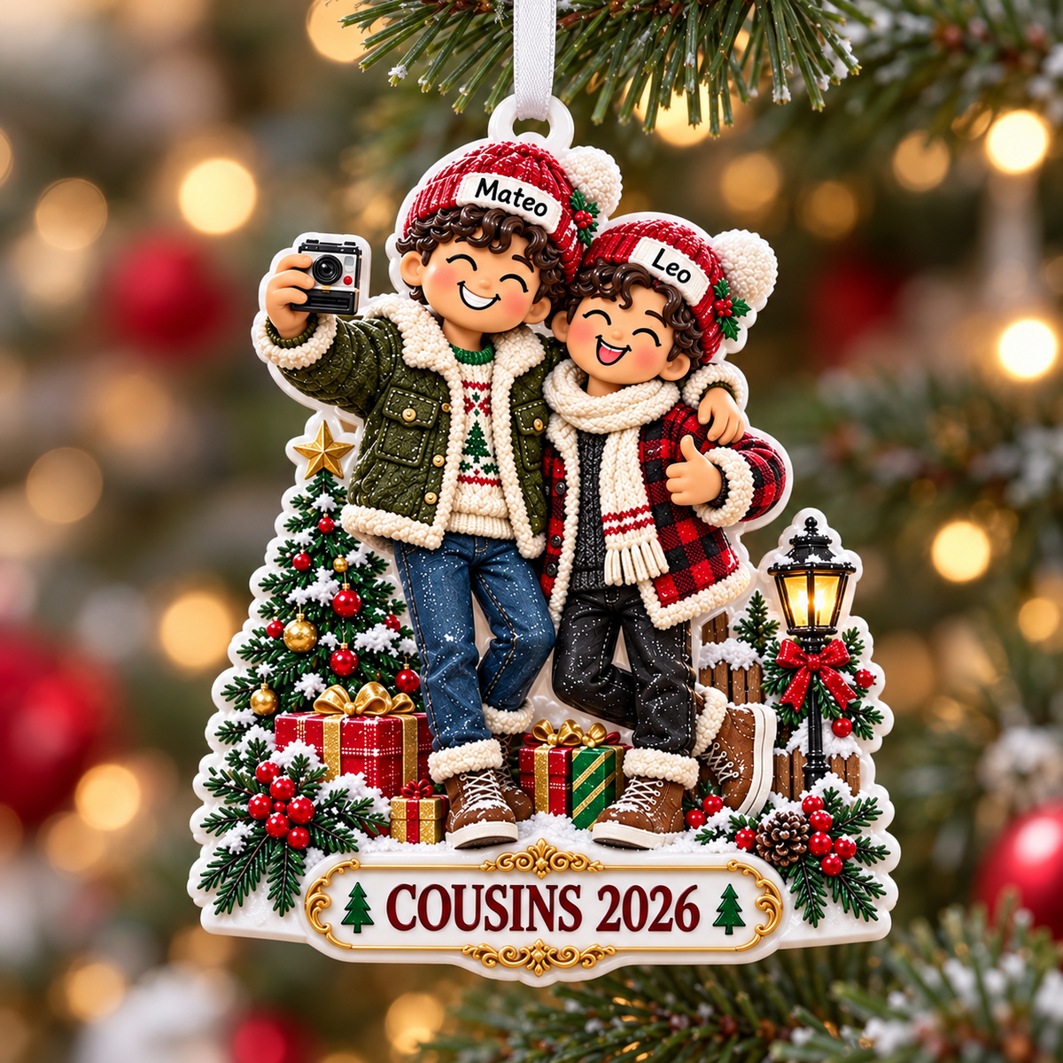 Two Boys Taking Selfie Christmas Tree Plaque Holiday Keepsake - 3D Relief Ornament