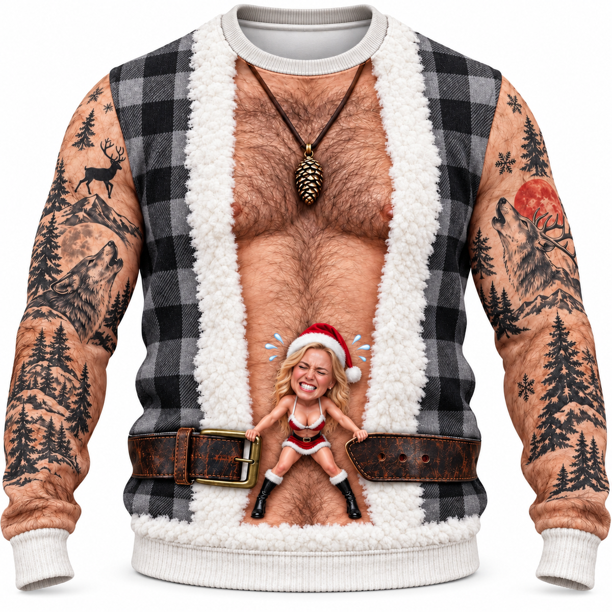 Funny Christmas Sweatshirt Hairy Chest Plaid Vest Tattoo Graphic