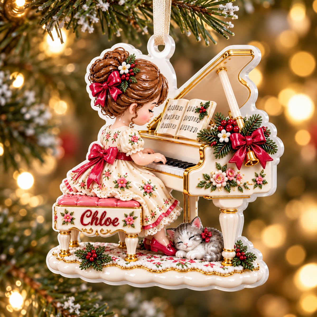 Little Girl Playing Grand Piano with Sleeping Cat Acrylic Hanging Keepsake - 3D Relief Ornament