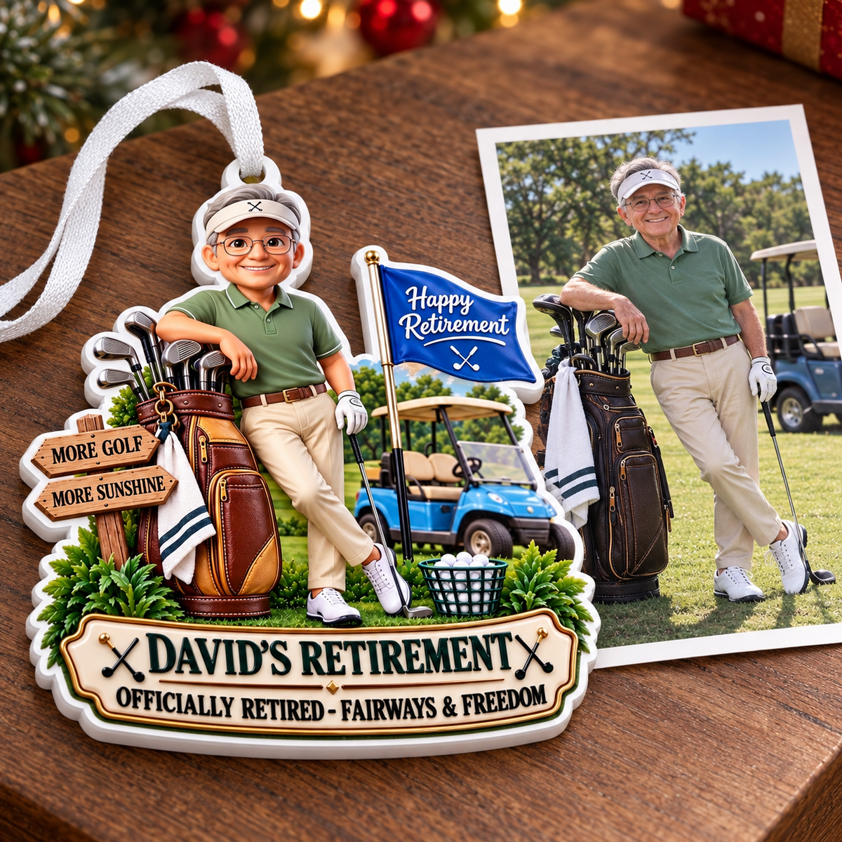 Happy Retirement Golfer with Cart and Bag Acrylic Hanging Keepsake - 3D Relief Ornament