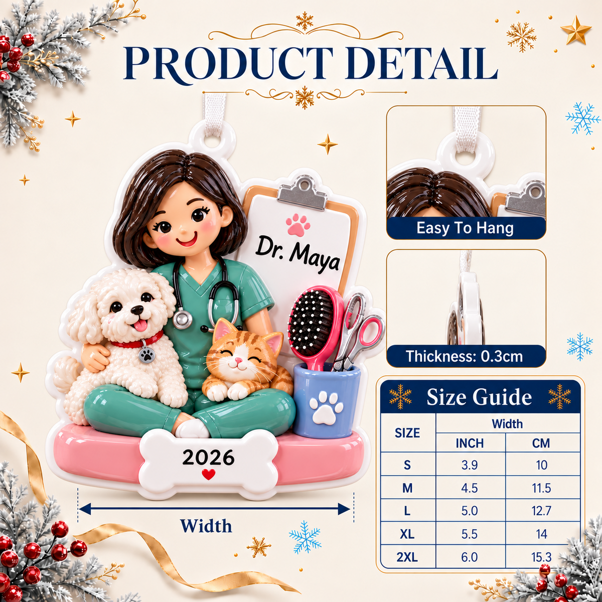 Female Veterinarian with Dog and Cat Resin Figurine Holiday Decor - 3D Relief Ornament
