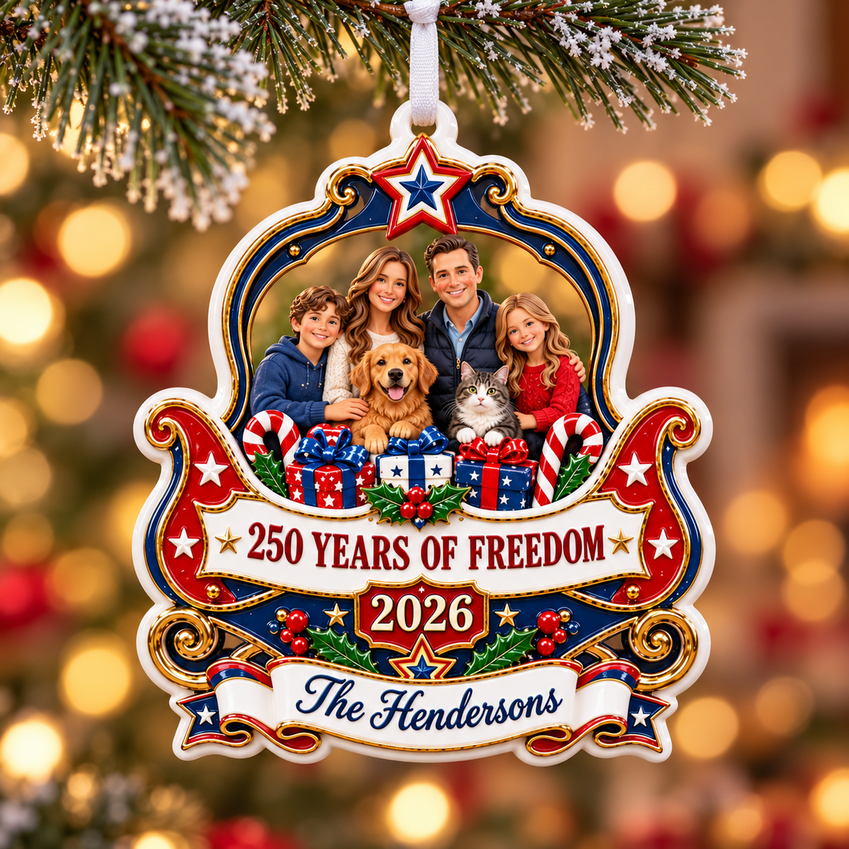 Family and Pets 250 Years of Freedom 2026 Semiquincentennial Patriotic Keepsake - 3D Relief Ornament