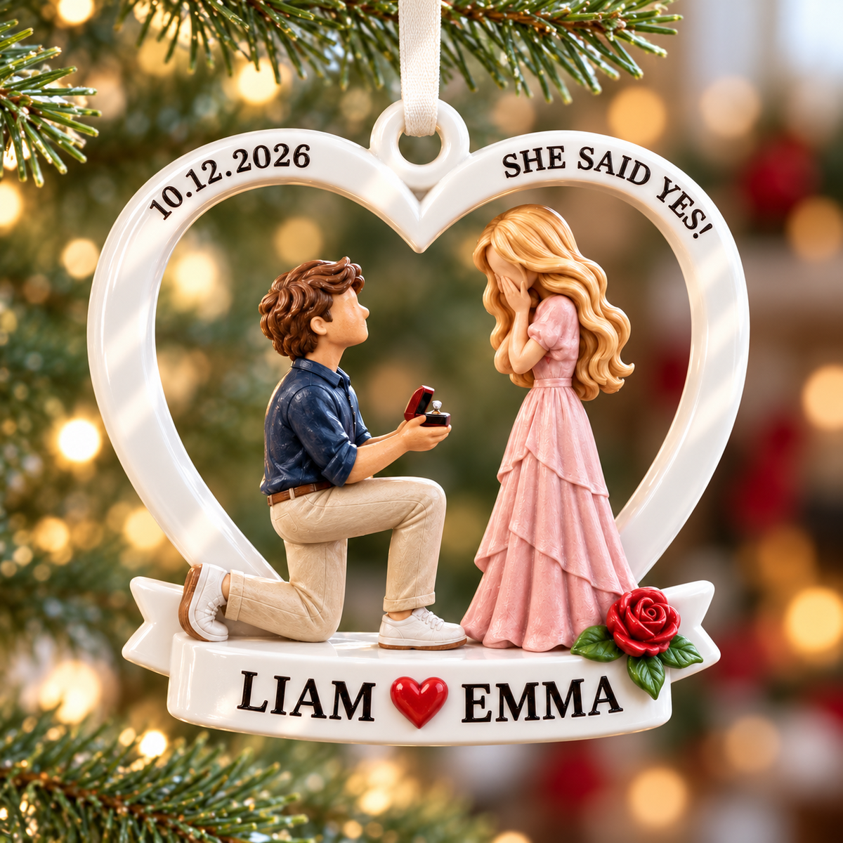 She Said Yes Engagement Heart Frame, White Ceramic Style with Red Rose - 3D Relief Ornament