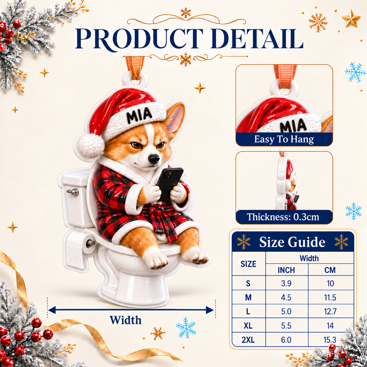 Corgi Dog on Toilet in Plaid Robe Christmas Holiday Tree Hanging Decor - 3D Relief Ornament