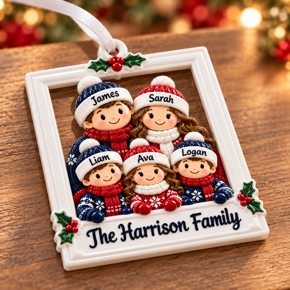 Christmas Family of 7 Winter Beanie Picture Frame Holiday Hanging - 3D Relief Ornament