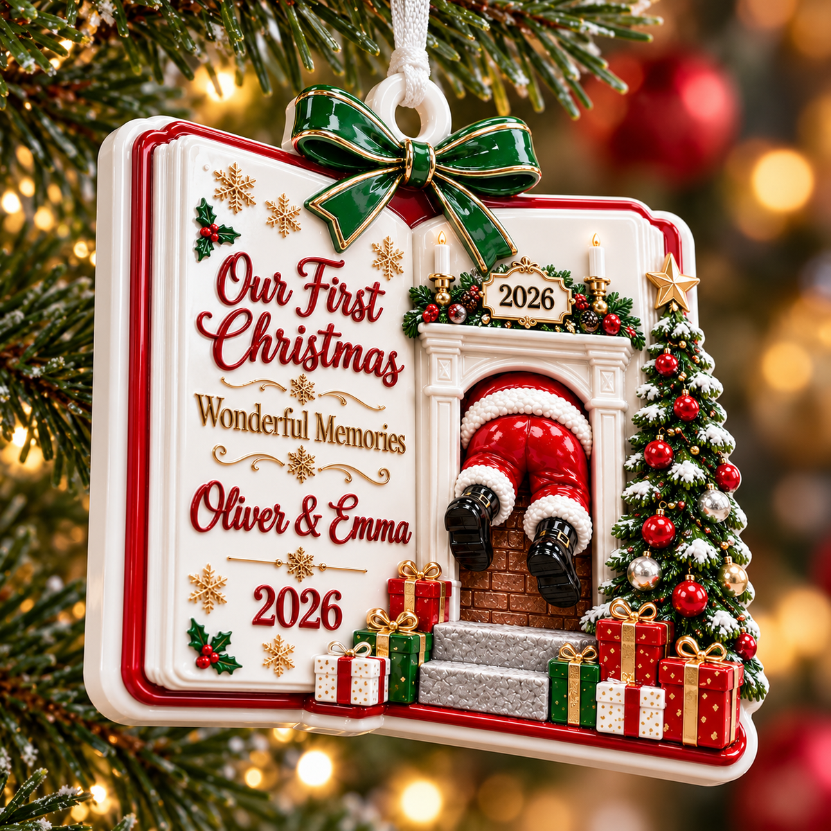 Gift Box Shaped Glossy White Ceramic Holiday Tree Hanging Decor - 3D Relief Ornament