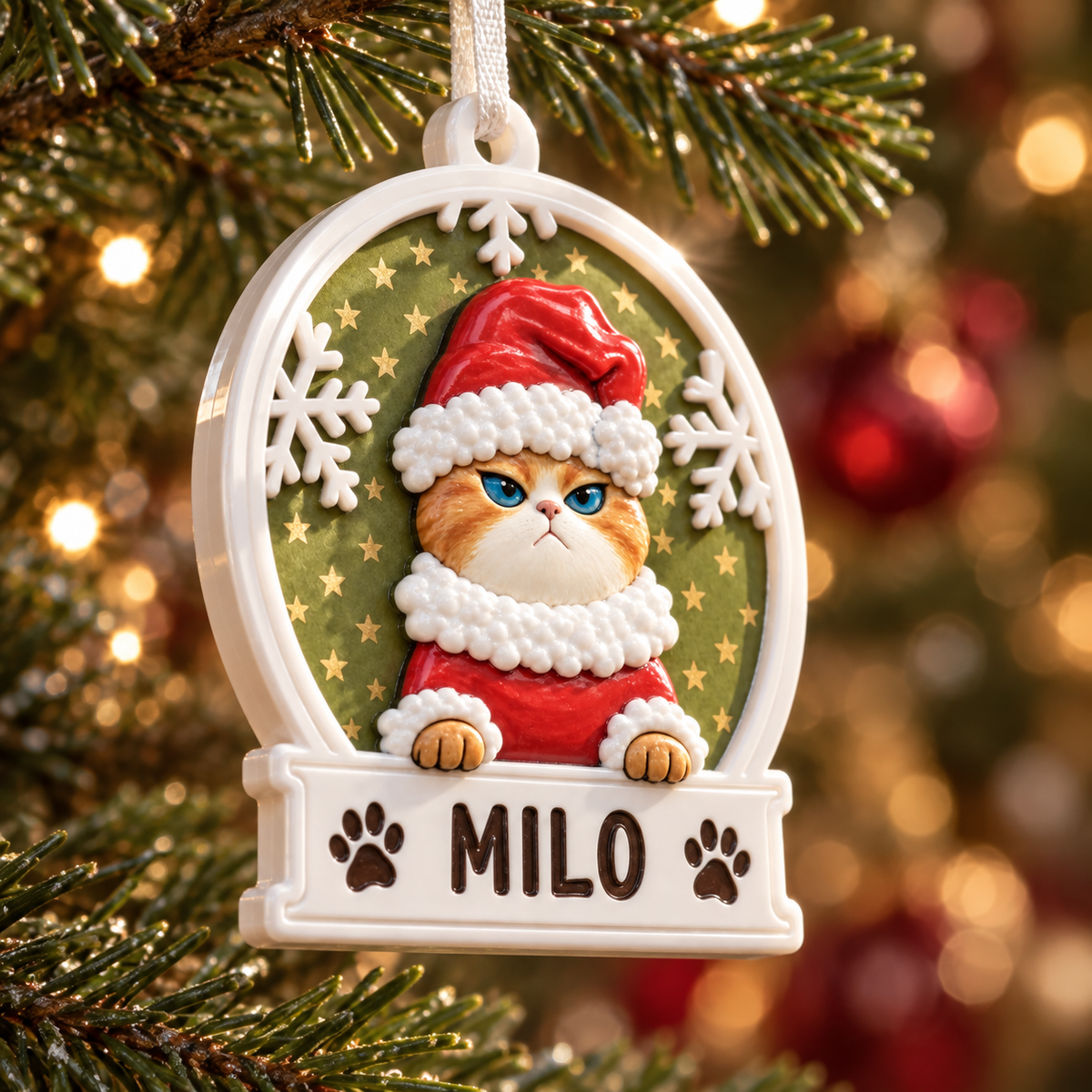 Scowling Orange Cat in Santa Hat Snow Globe Plaque Christmas Tree Hanging - 3D Relief Ornament