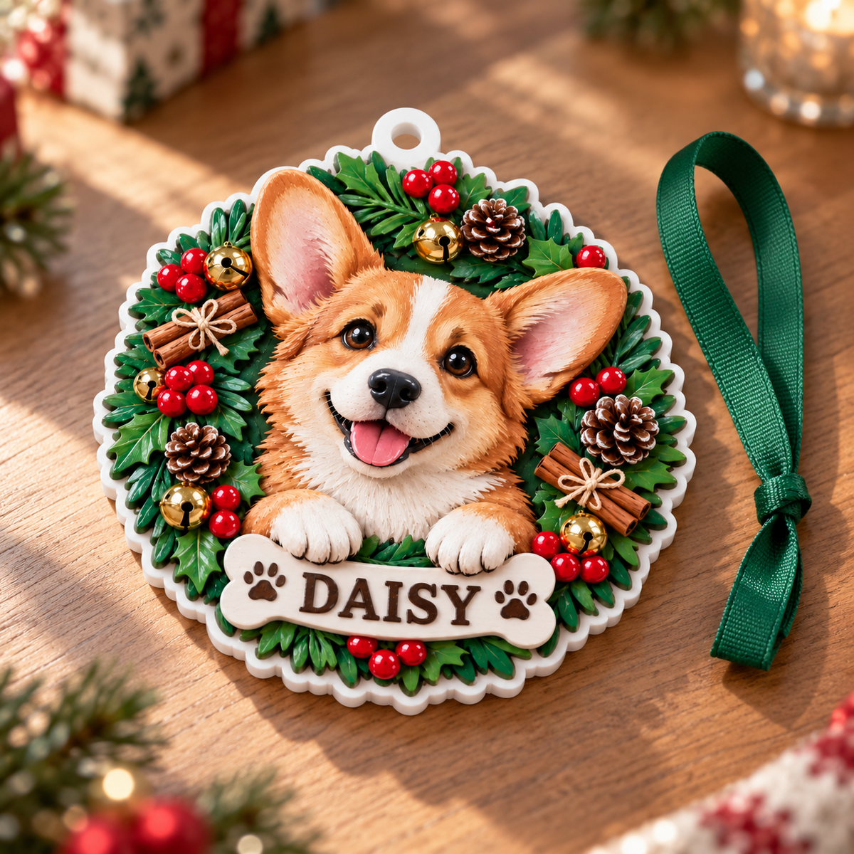 Pembroke Welsh Corgi Dog Holiday Pine Wreath Christmas Tree Hanging Decor - 3D Relief Ornament