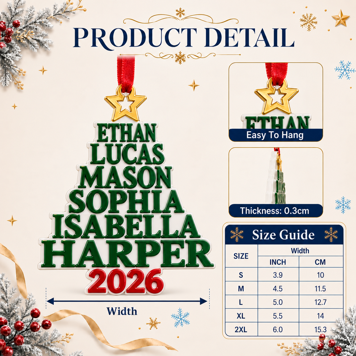 Green Stacked Name Christmas Tree Holiday Decor with Star Topper - 3D Relief Ornament