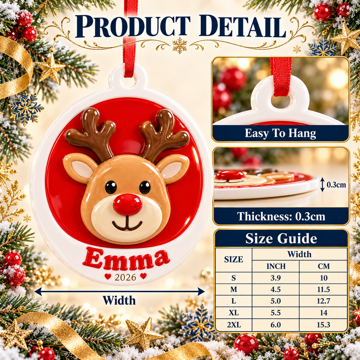 Red and White Round Christmas Reindeer Keepsake - 3D Relief Ornament