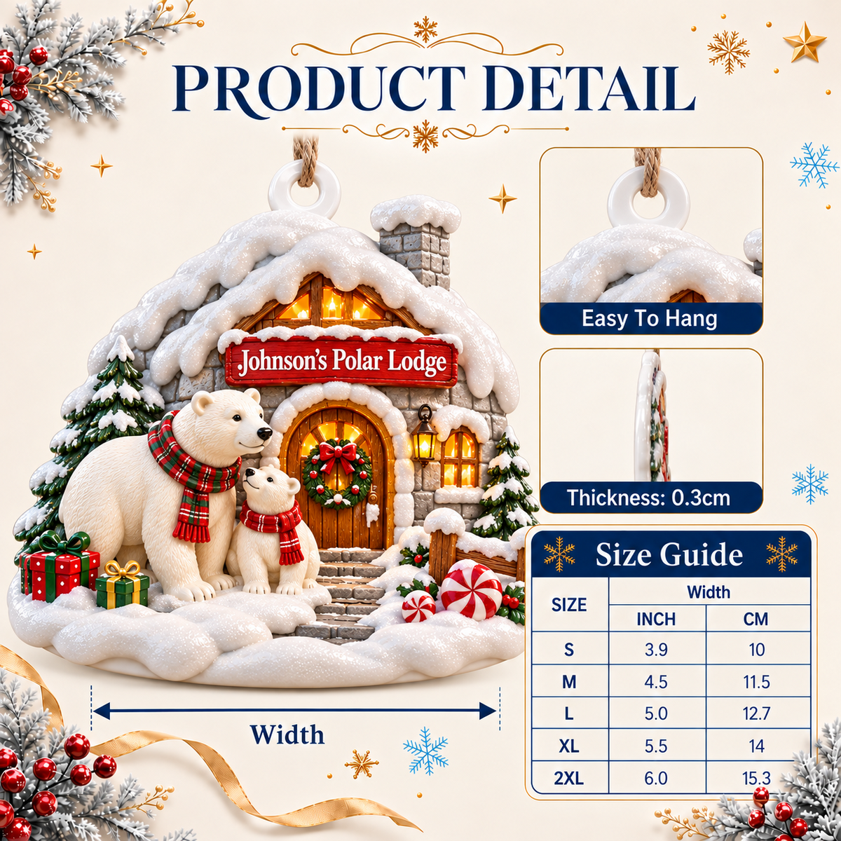 Snowy Cabin Polar Bear Family Christmas Tree Decor - 3D Relief Ornament