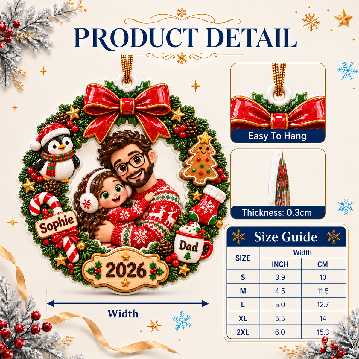 Father and Daughter Christmas Wreath Holiday Keepsake - 3D Relief Ornament