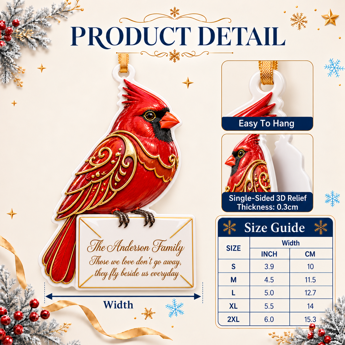 Red Cardinal Perched on Envelope Memorial Tree Hanging - 3D Relief Ornament