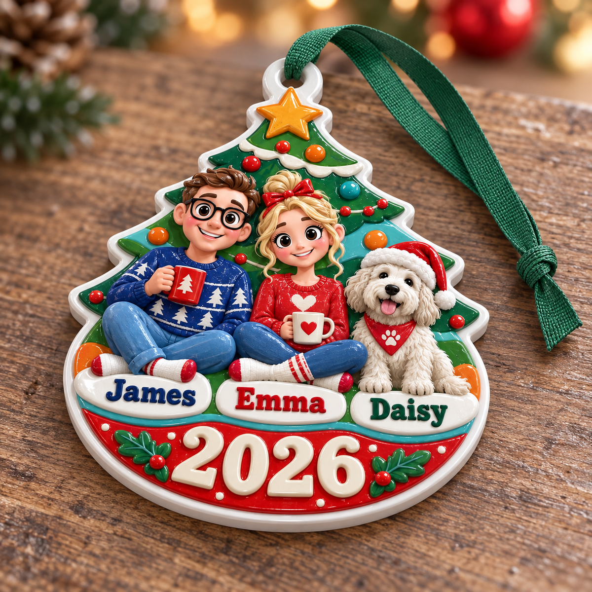 Couple with Pet Dog by Christmas Tree Holiday Keepsake Plaque - 3D Relief Ornament