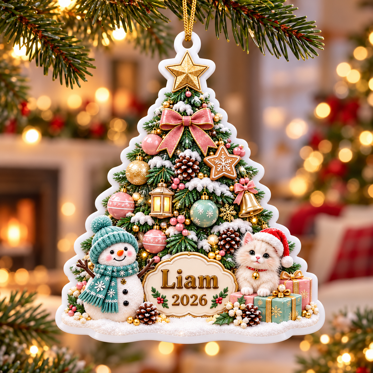 Christmas Tree with Snowman and Kitten Holiday Keepsake Plaque - 3D Relief Ornament