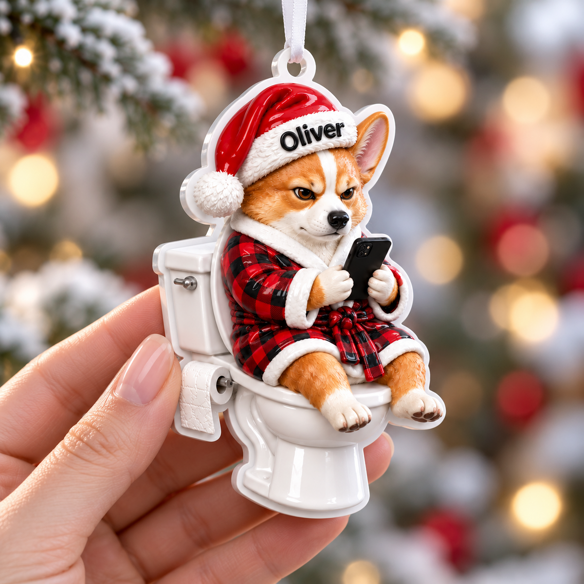 Corgi Dog on Toilet in Plaid Robe Christmas Holiday Tree Hanging Decor - 3D Relief Ornament