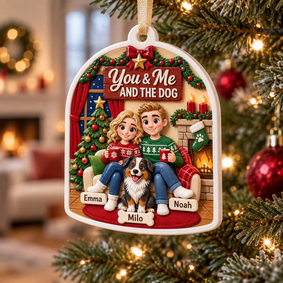 Couple and Dog Christmas Tree Decoration, Arched Fireplace Scene - 3D Relief Ornament
