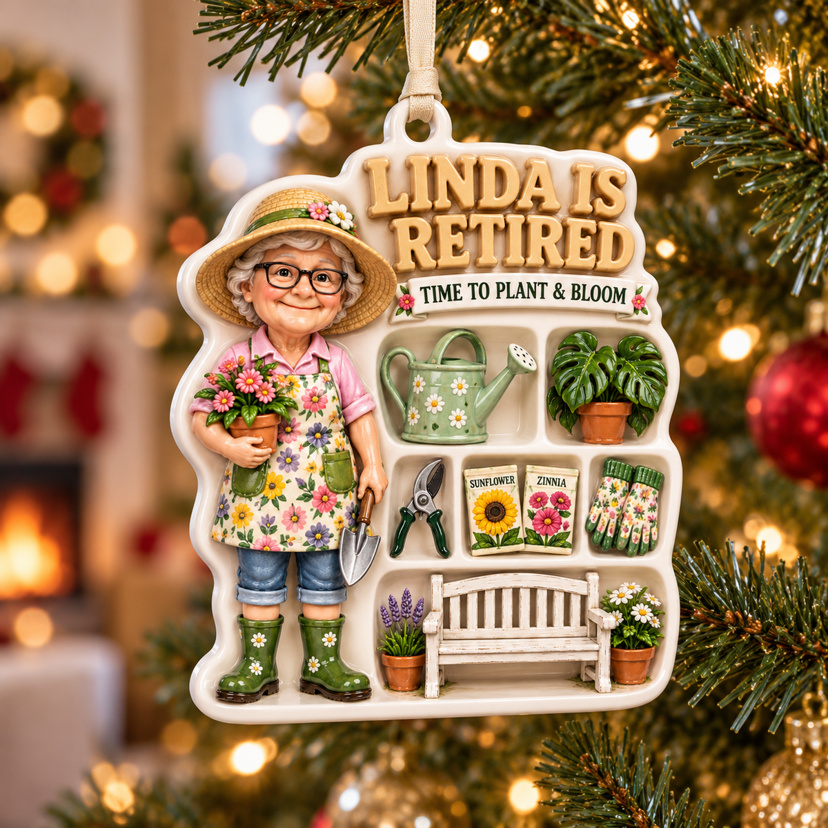 Retired Gardener Woman with Shed Tools and Floral Plants Holiday Keepsake - 3D Relief Ornament