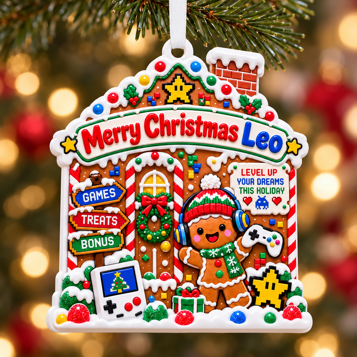 Gamer Gingerbread House Holiday Hanging Decoration - 3D Relief Ornament