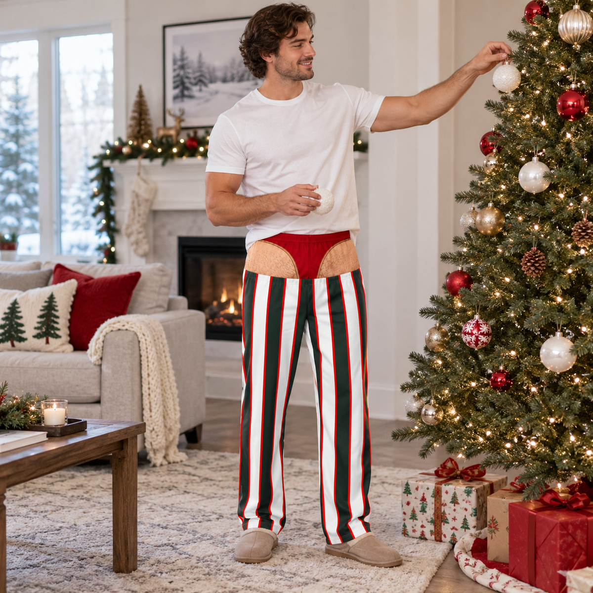 Mens Pajama Pants Striped Novelty Christmas Gag Print Loungewear