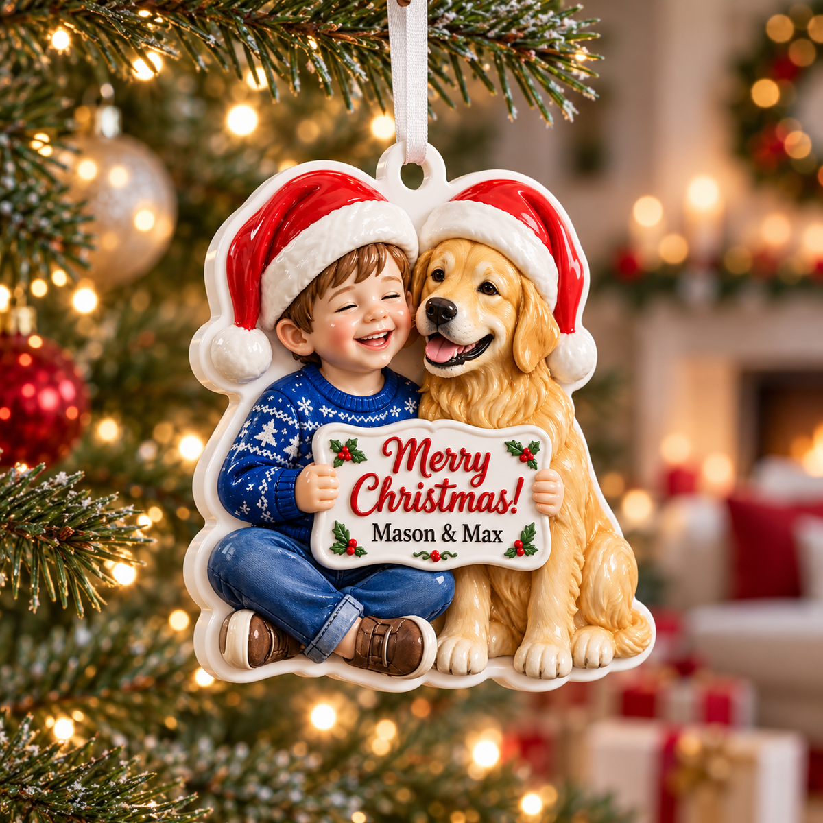 Boy and Golden Retriever Dog with Santa Hats Holiday Keepsake - 3D Relief Ornament