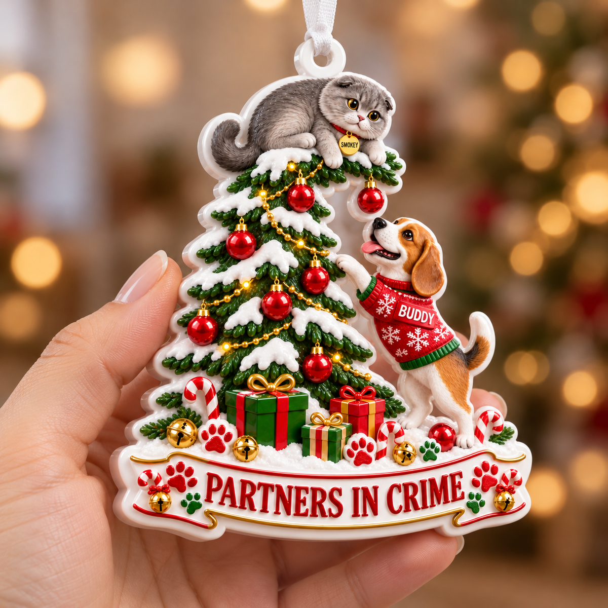 Dog and Cat Partners in Crime Christmas Tree Holiday Keepsake - 3D Relief Ornament