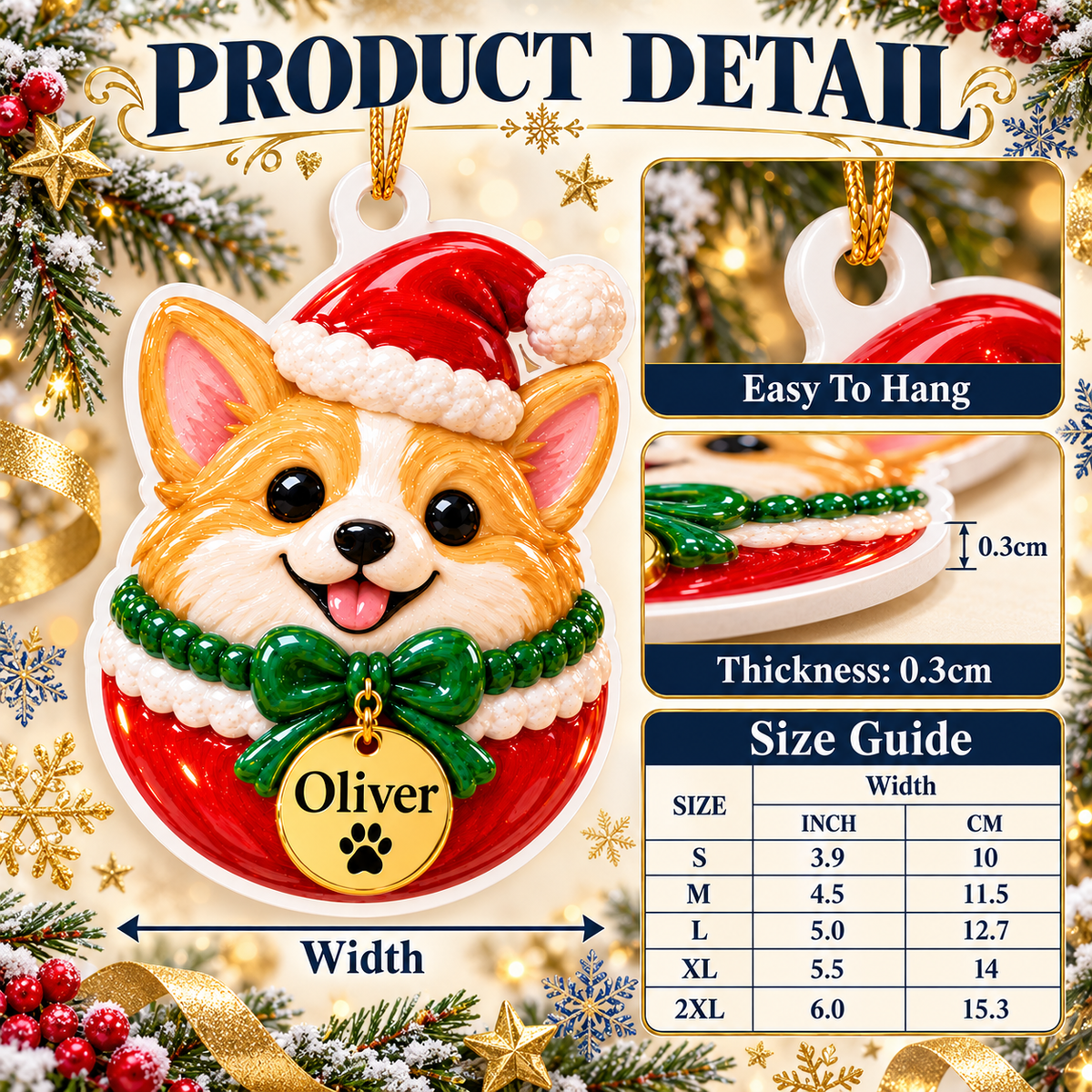 Corgi Dog in Santa Hat Christmas Tree Bauble Hanging Acrylic Keepsake - 3D Relief Ornament