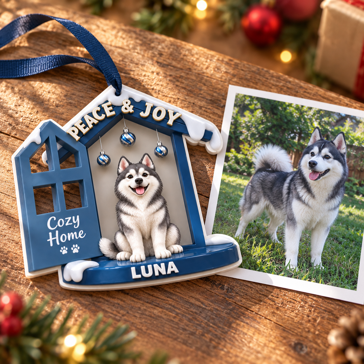 Blue Siberian Husky Dog House Holiday Christmas Tree Hanging Decor - 3D Relief Ornament