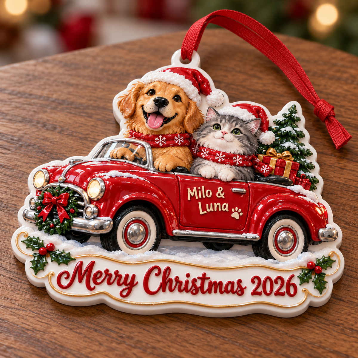 Dog and Cat in Vintage Red Car Holiday Keepsake - 3D Relief Ornament