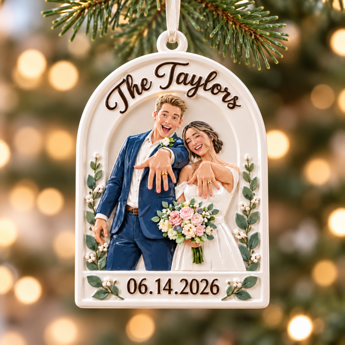 Newlywed Wedding Couple Arch Hanging Keepsake with Ribbon - 3D Relief Ornament