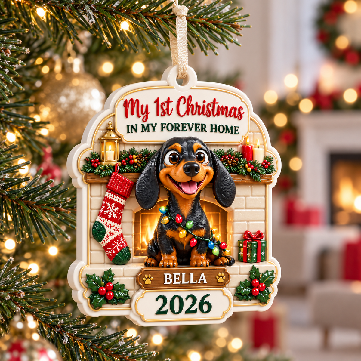 Dachshund Puppy by Fireplace First Christmas Dog Tag Keepsake - 3D Relief Ornament