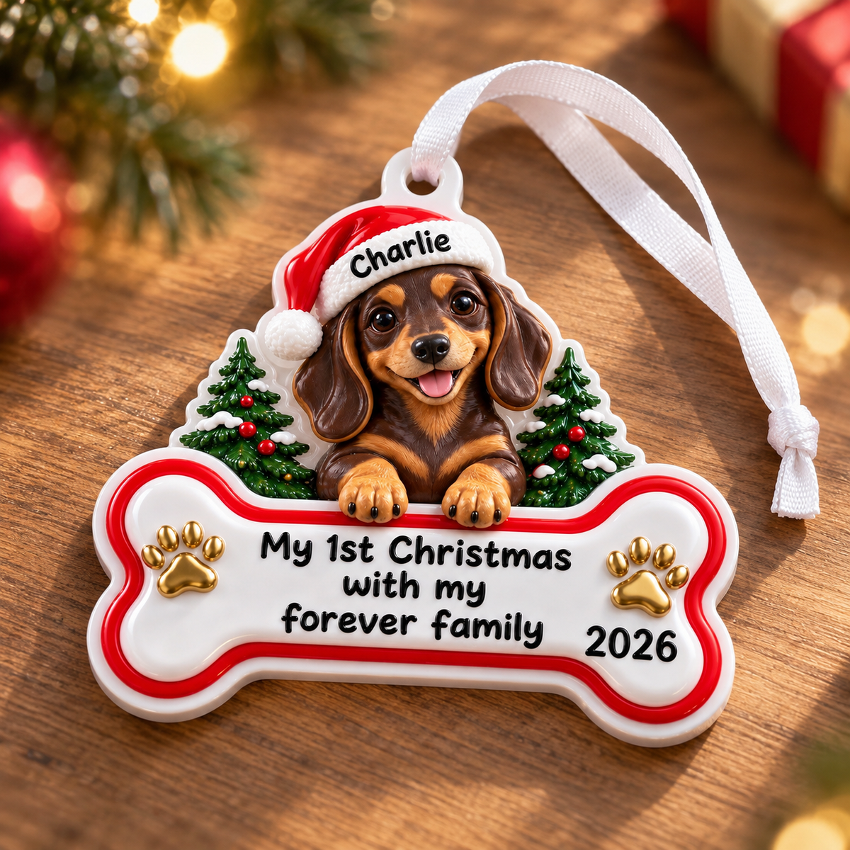Dachshund Puppy First Christmas Dog Bone Hanging Holiday Tree Plaque - 3D Relief Ornament