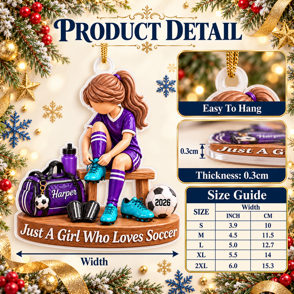 Girl Soccer Player Locker Room Bench Acrylic Hanging Holiday Keepsake - 3D Relief Ornament