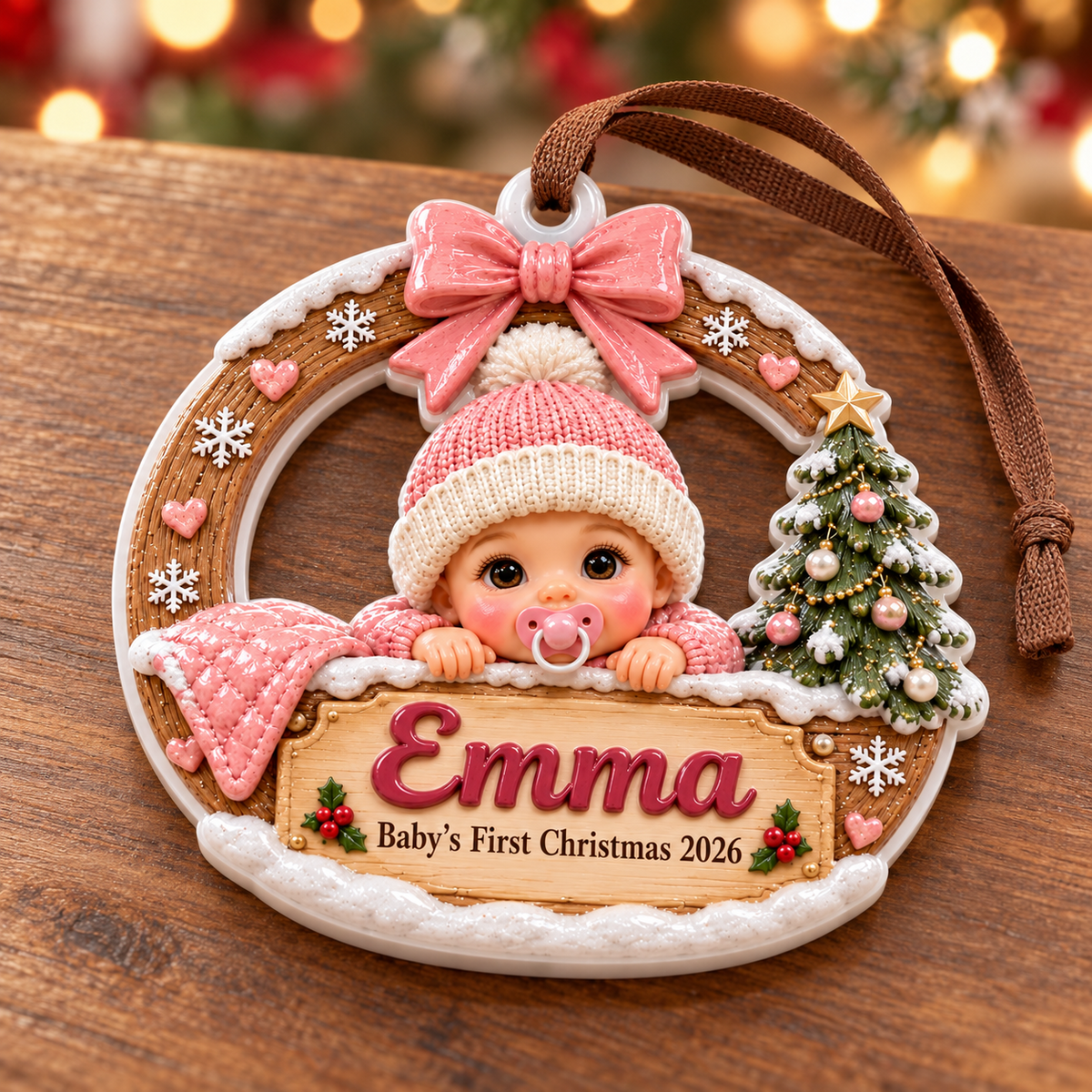 Baby Girl First Christmas Wreath with Pink Knit Beanie and Tree - 3D Relief Ornament