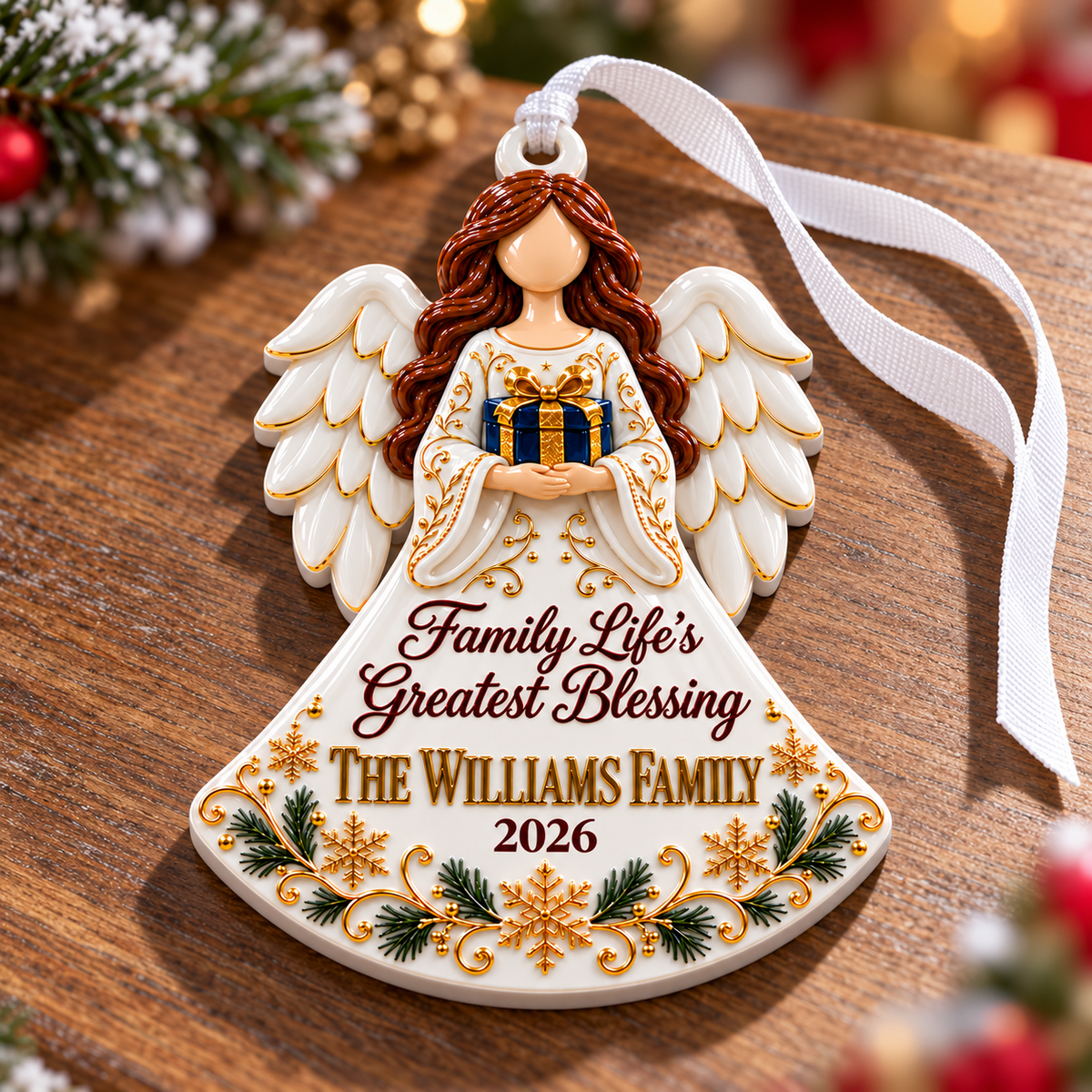 Family Blessing Angel Acrylic Keepsake with Wings and Gift Box Holiday Accent - 3D Relief Ornament