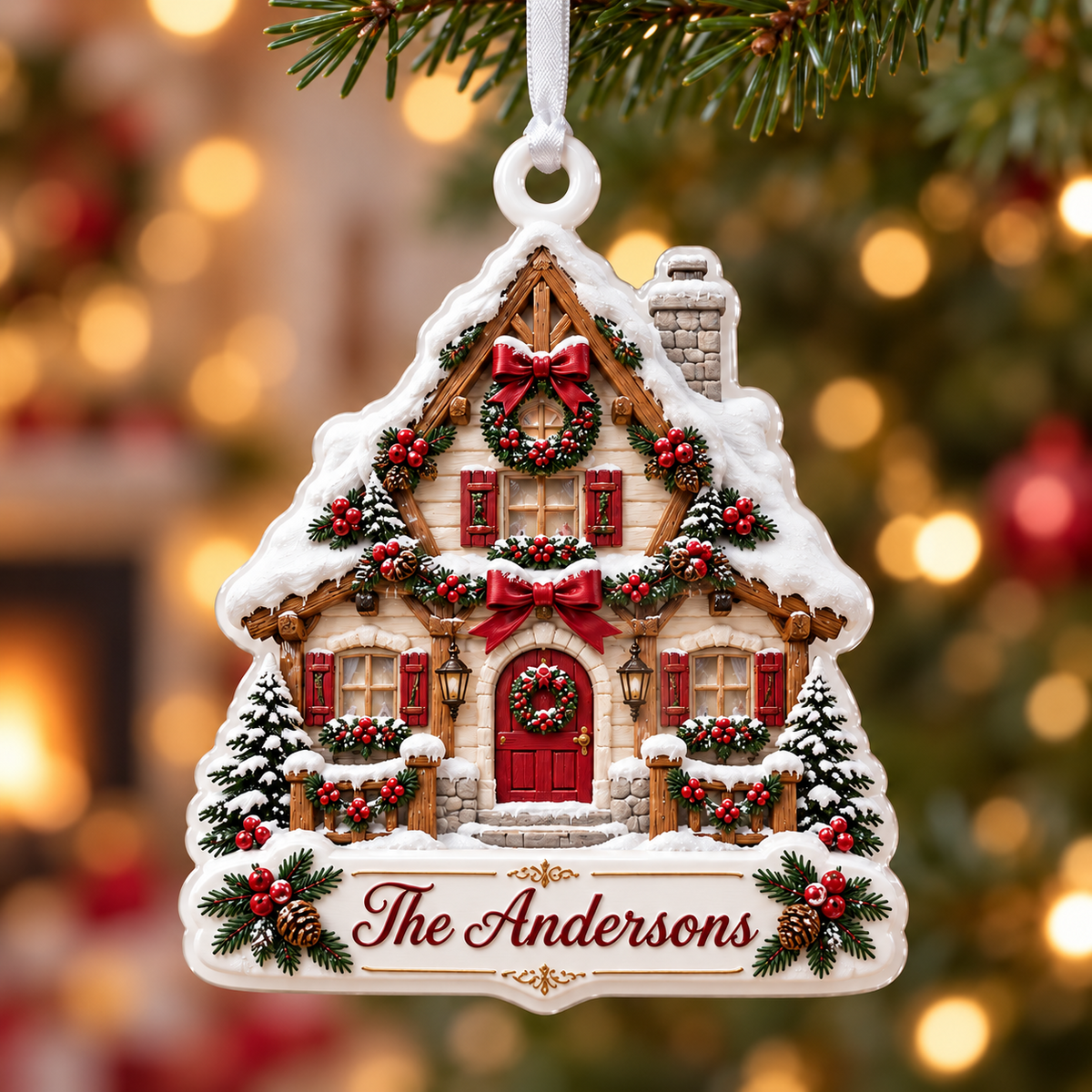 Winter Cottage House Plaque Holiday Tree Hanging Accent - 3D Relief Ornament