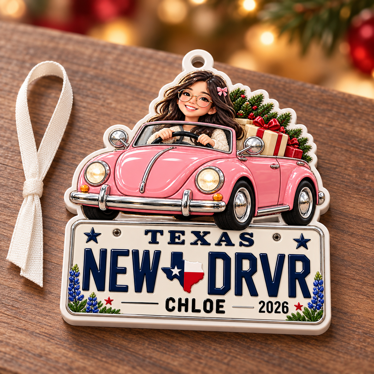 Pink Vintage Car Texas License Plate Holiday Keepsake - 3D Relief Ornament