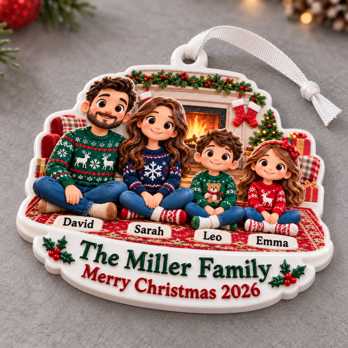 Family of Four by the Fireplace Cartoon Holiday Keepsake - 3D Relief Ornament