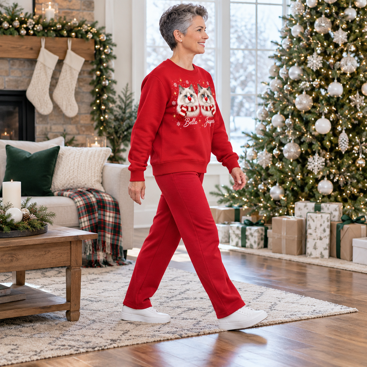 Christmas Cat Sweatshirt Holiday Graphic Red Nose Pet Crewneck