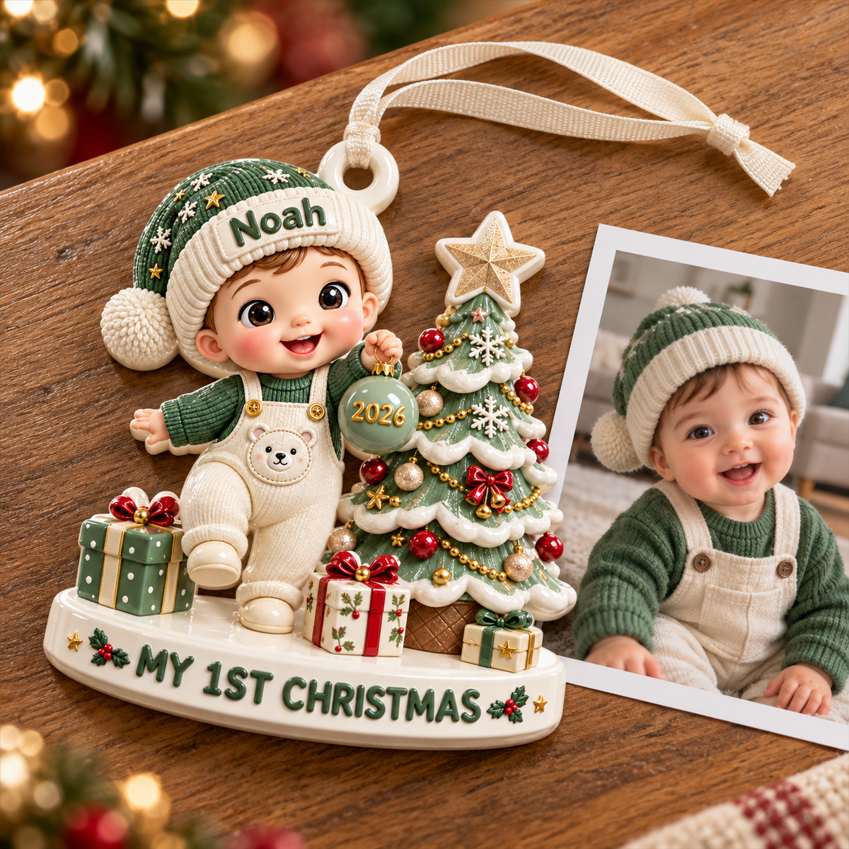 Baby Boy First Christmas Tree Scene Polyresin Figurine Keepsake - 3D Relief Ornament